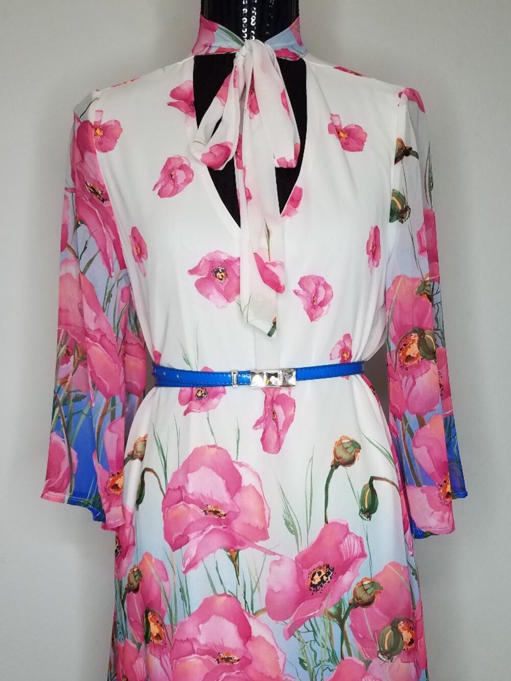 Pink Poppy Floral Tie Neck Midi Dress Made in USA